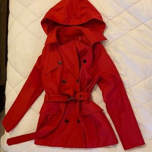 Andrew Marc Red Raincoat with belt and hood